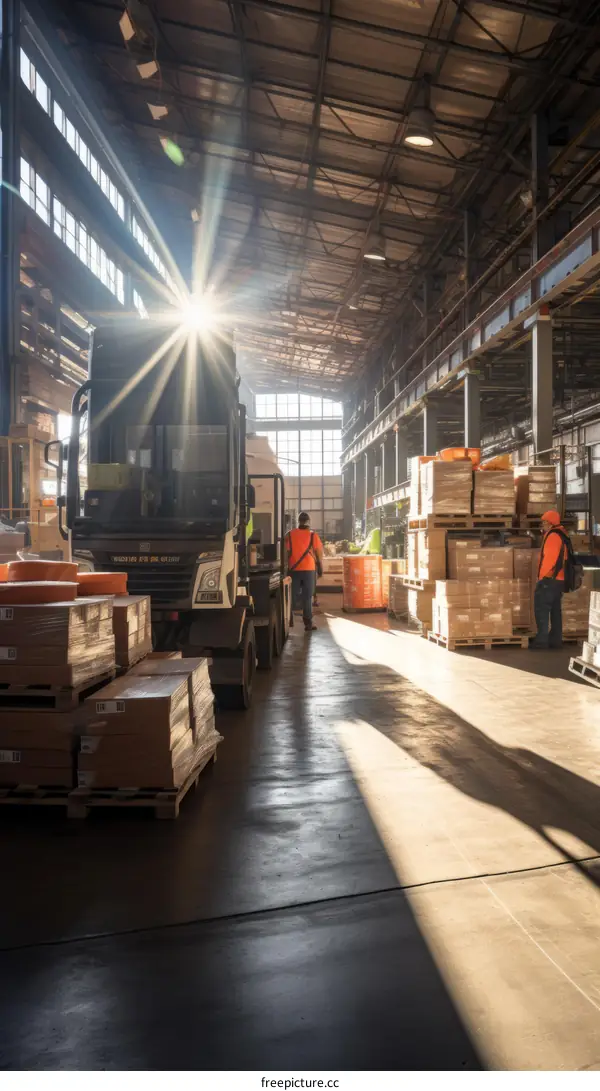 A capacious warehouse with vehicles and staff