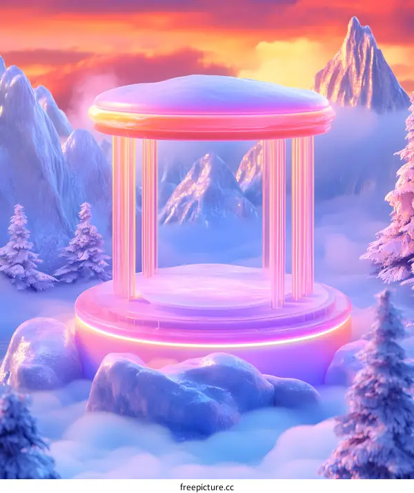 Pink Neon Platform in a Snowy Mountain Landscape