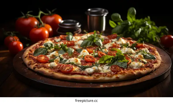 A mouthwatering pizza with fresh tomatoes, basil, and mozzarella cheese