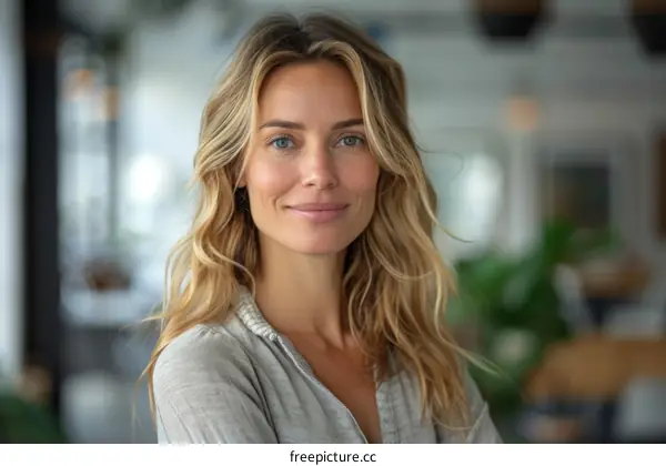 Portrait of a smiling blonde woman with blue eyes