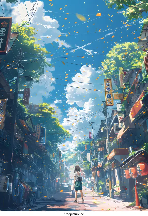 A girl walking down a street in Japan