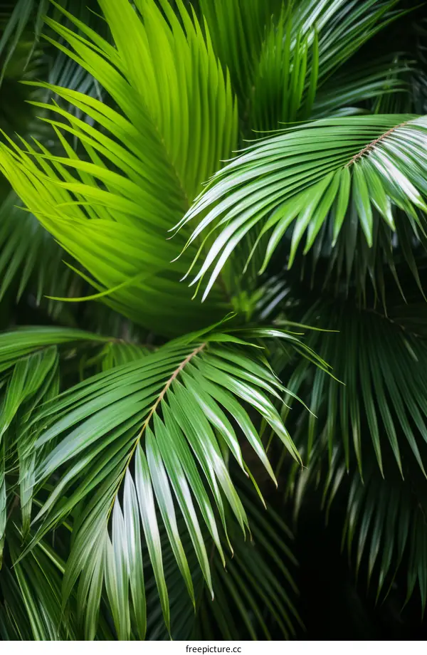 Green Palm Leaves Close Up, Tropical Foliage Nature