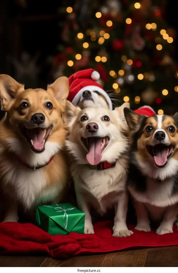 Four happy corgis in Santa hats sit in front of a decorated Christmas tree