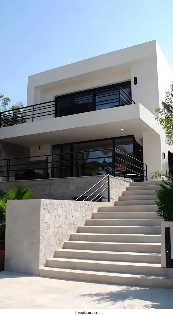 Modern White House with Stone Wall and Stairs