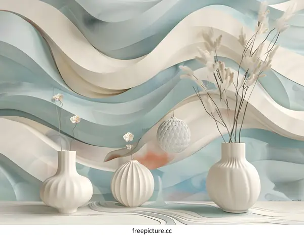 Abstract Minimalist Interior Design With White Vases and Dried Flowers