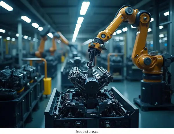 Industrial Robot Arm Assembling Engine in Factory