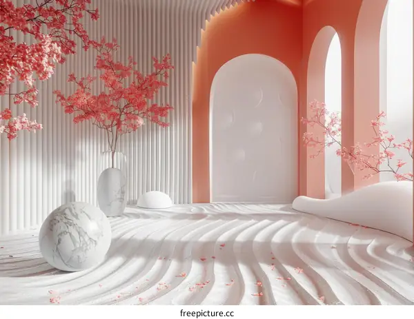 Modern Minimalist Interior Design with Pink Cherry Blossoms