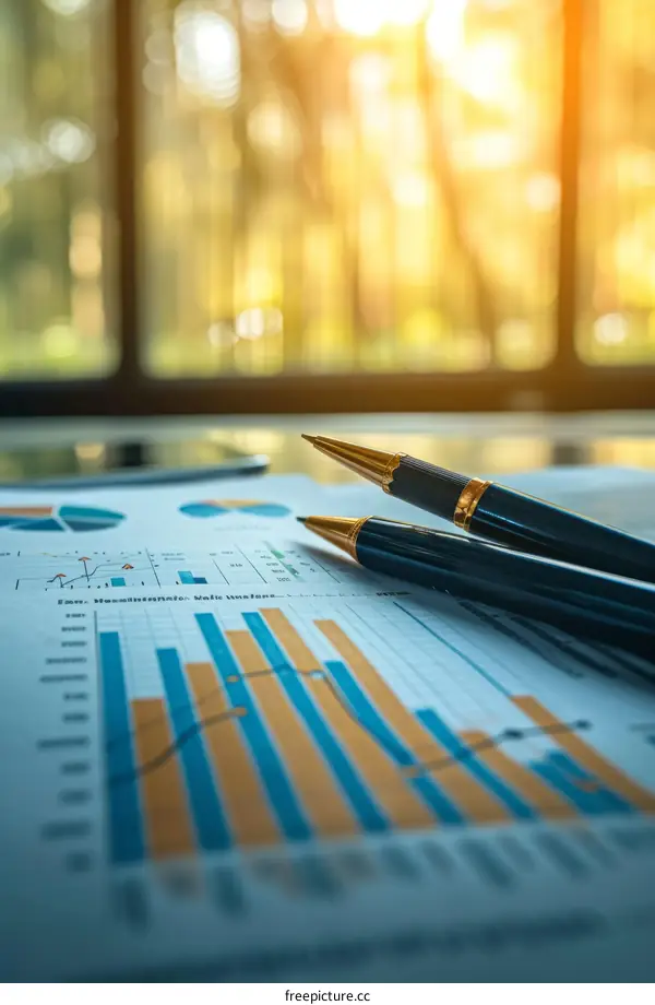 Two pens on a desk with a financial graph in the background