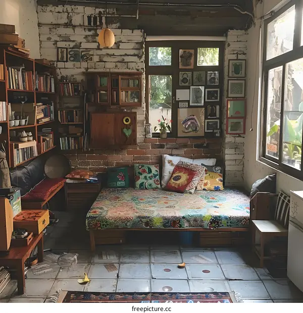 Cozy Reading Nook with Bookshelves and Plants