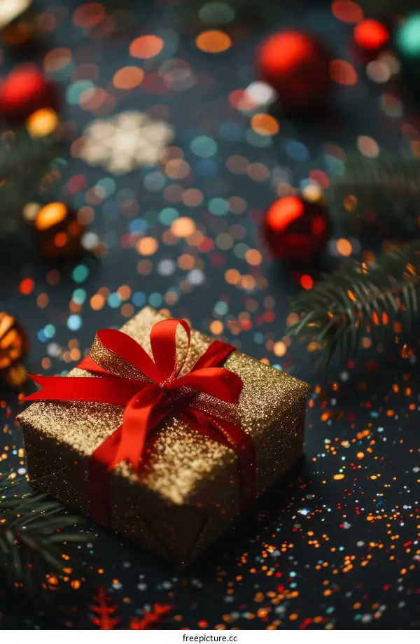 A golden gift box with a red ribbon and a bow on a dark blue background with Christmas ornaments and lights.