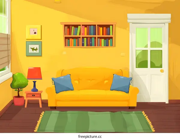 Cartoon Illustration of a Cozy Living Room Interior with Yellow Sofa