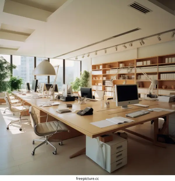 Modern Office Workspace with Wooden Tables and White Chairs