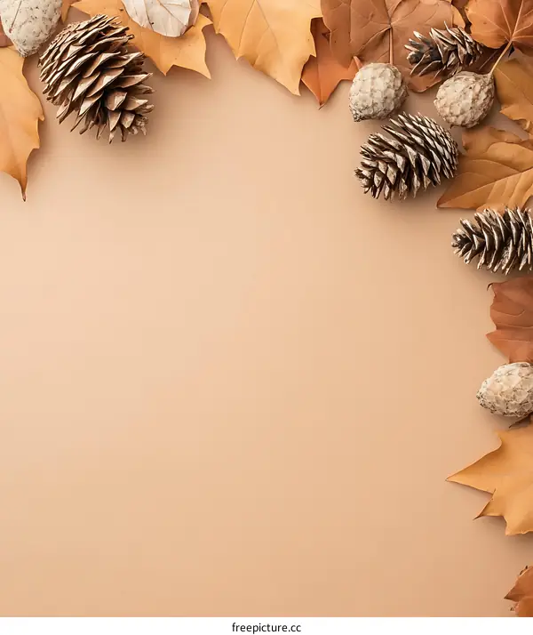 Autumn Leaves and Pine Cones on Beige Background