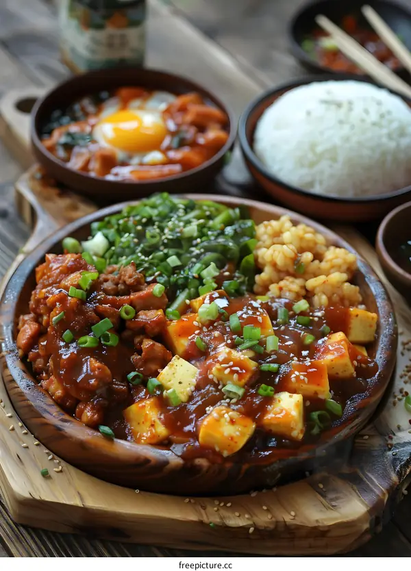 Spicy Tofu and Chicken with Rice and Greens