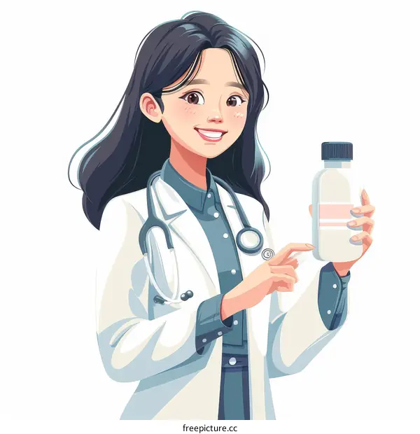 A female doctor in a white coat is holding a bottle of medicine
