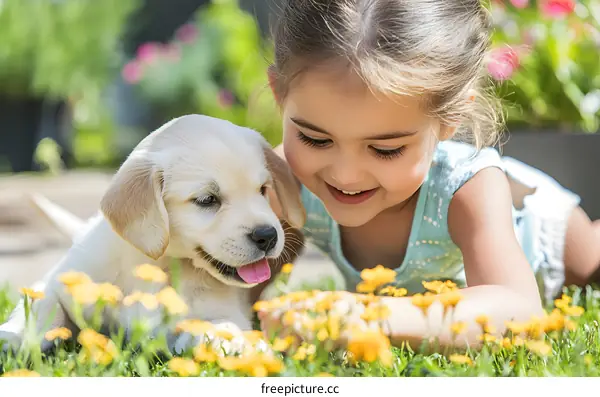 Cute Little Girl Playing with Puppy in the Grass
