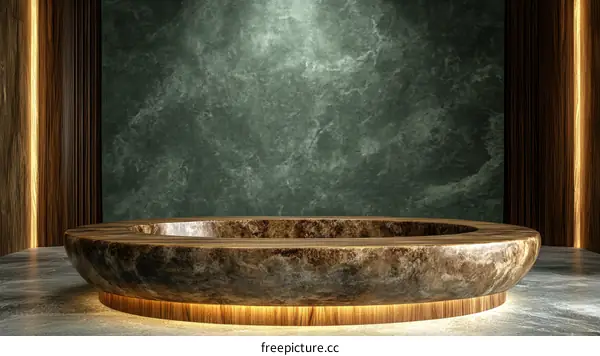 Elegant Wooden Display Platform Against Green Marble Wall