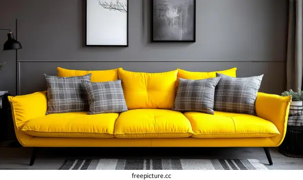 Modern Living Room with Yellow Sofa and Gray Pillows