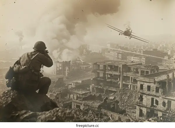 A soldier aims at a low-flying enemy aircraft during the Battle of Shanghai