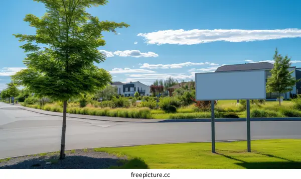 An empty billboard near the road with houses in the background