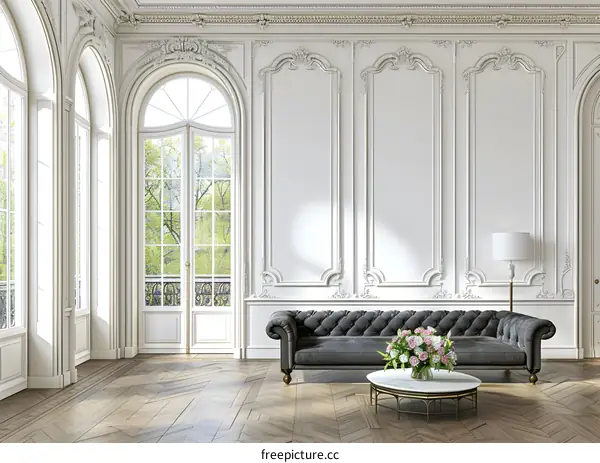 White Interior With  French Windows And  Elegant Sofa