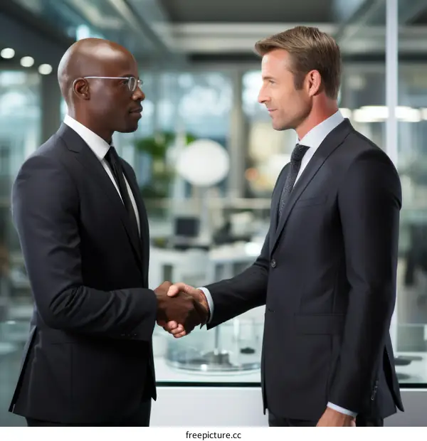 Businessmen of different ethnicities shaking hands in an office