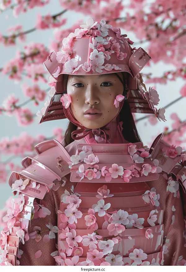 A woman wearing a pink samurai armor decorated with cherry blossoms