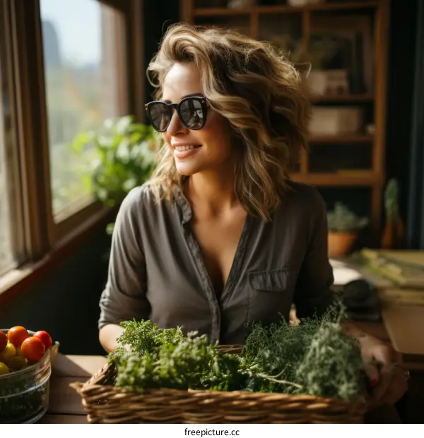 Portrait of a smiling young woman wearing sunglasses and holding a basket of fresh herbs