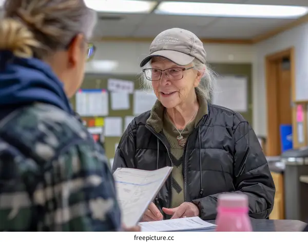 Two people in a room, discussing paperwork