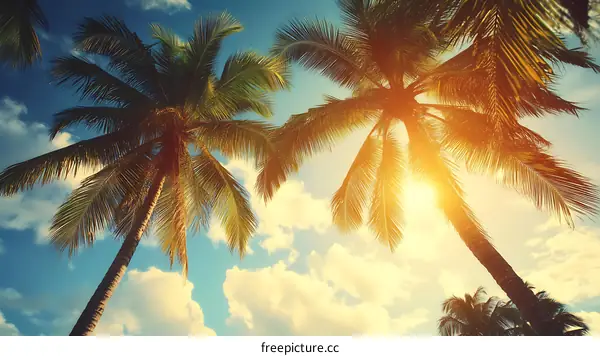 Two Palm Trees Against Blue Sky With Sunset