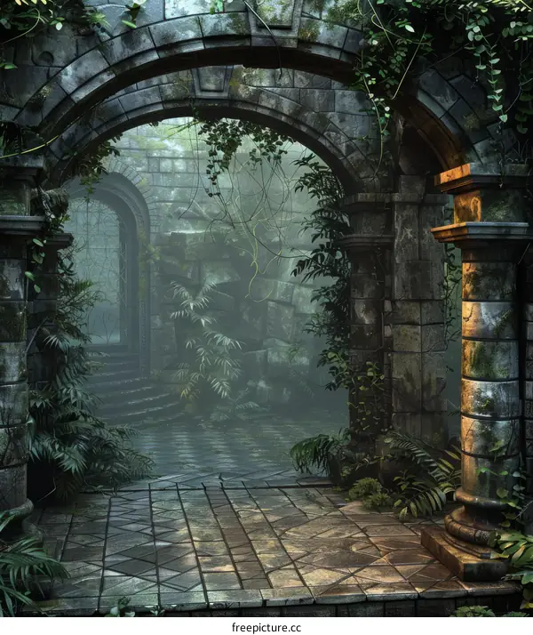 Stone Archway Leading Into Lush, Foggy Jungle