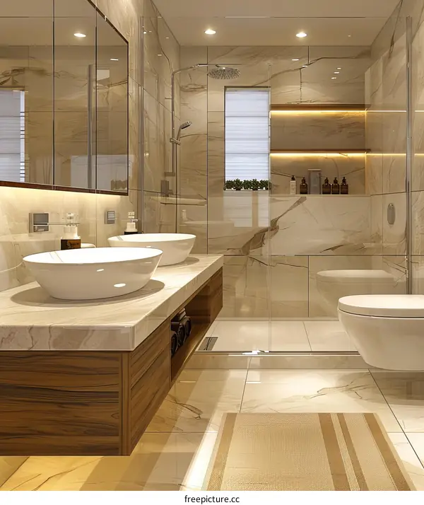 Modern Bathroom Interior Design With Marble Tiles and Wooden Vanity