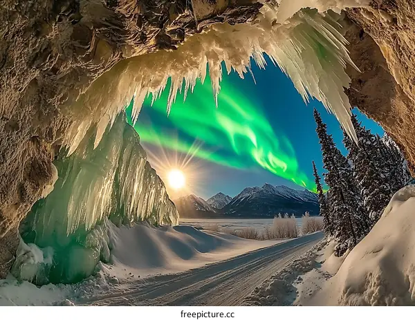 Aurora Borealis View Through Ice Cave
