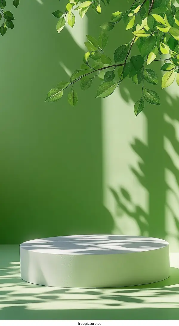 Green Background Product Display with Sunlight and Leaves