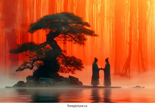 Two Ancient Chinese People Meeting by the Lake