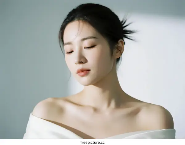 Portrait of Young Asian Woman with Closed Eyes and White Dress