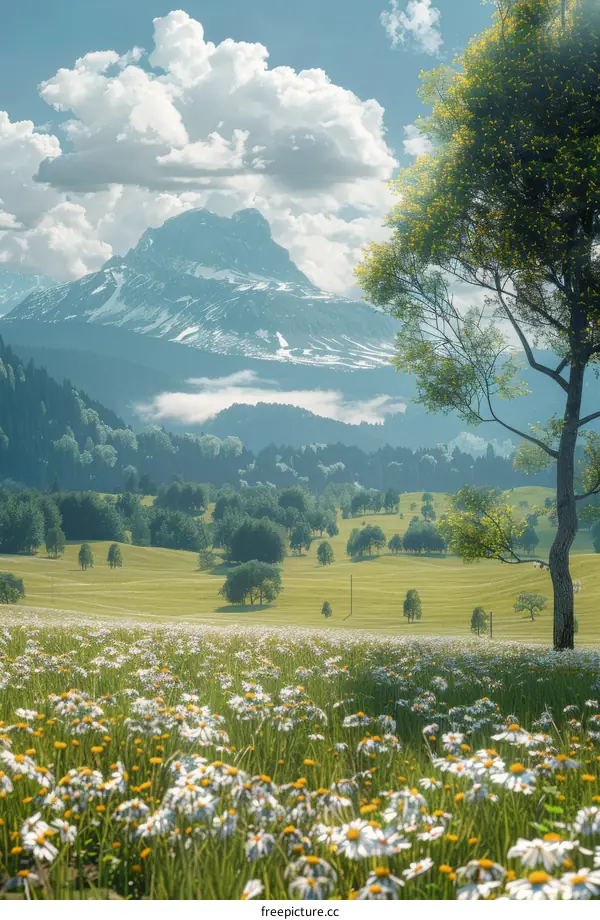 Tranquil Mountain Meadow with Flowers and Trees