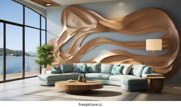 Artistic wooden wall decor in a modern living room