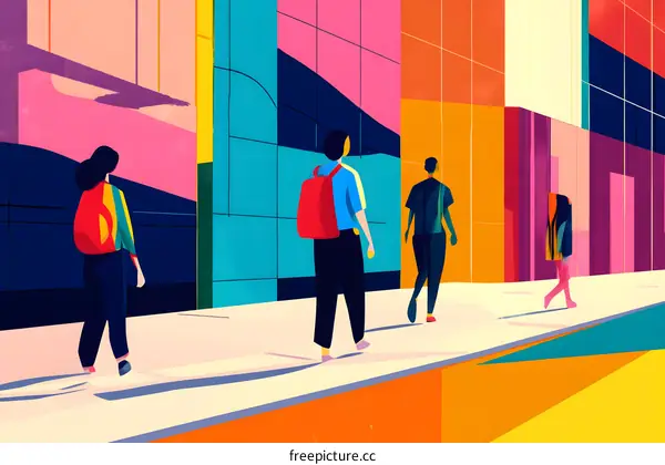 Abstract Illustration of People Walking in a City