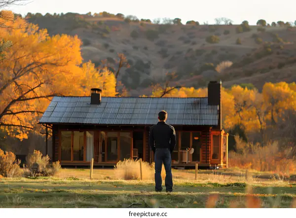 Man standing in front of a house in the middle of a field