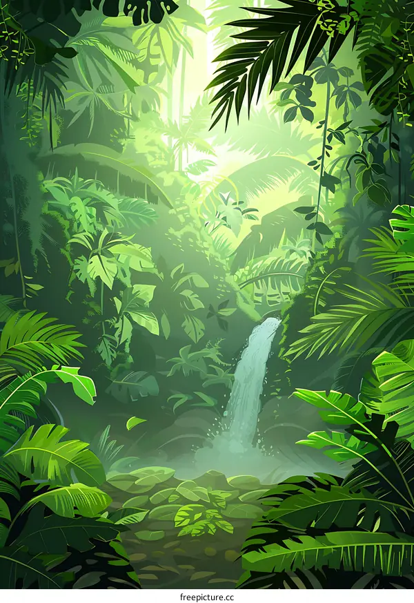 Green Lush Rainforest Waterfall Illustration