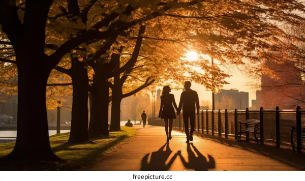 Couple walking in the park in the fall