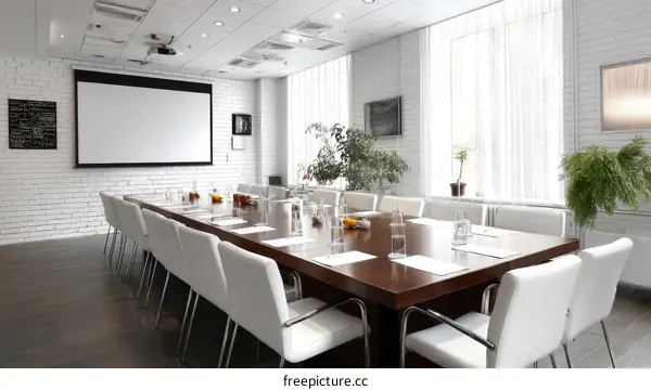 Modern Conference Room with White Walls and Furniture