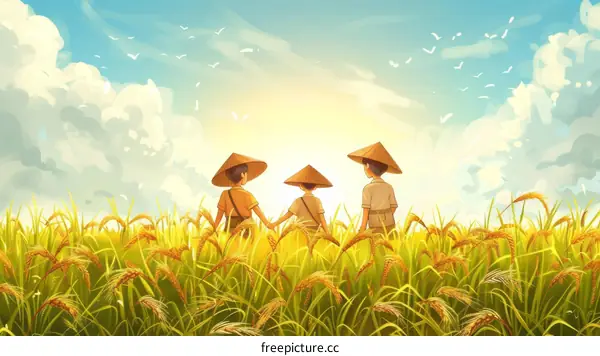 Three Vietnamese farmers walking in a golden rice field