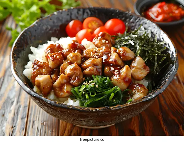 japanese food donburi dish with chicken teriyaki seaweed and tomatoes