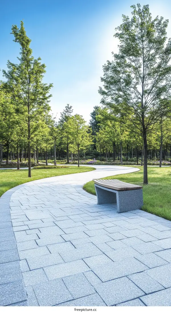 Park Pathway with Bench Under Sunny Sky