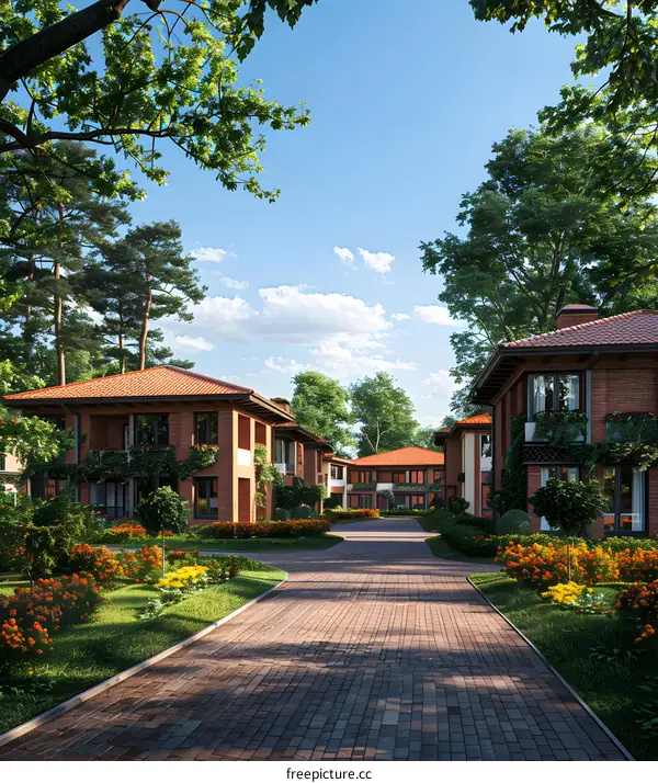 Brick Houses with Green Grass and Trees