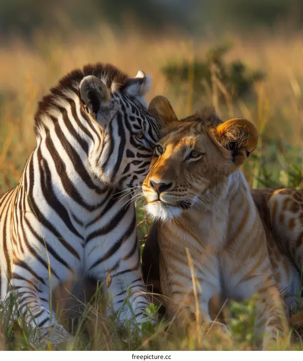Rare Golden Lion and Zebra in the African Savanna