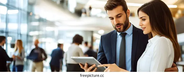 Business People Discussing Project on Tablet in Modern Office