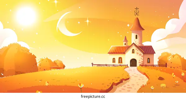Yellow Sunset Church Landscape Illustration